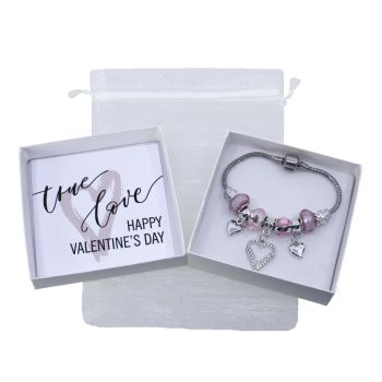 Boxed valentines day love heart charm bracelet gift set.
Set includes a Rhodium colour plated hearts design charm bracelet.
