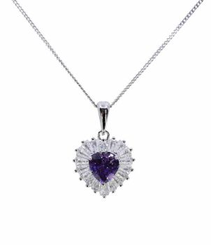 Rhodium plated Sterling silver heart design pendant with Clear and Amethyst cubic zirconia stones.
