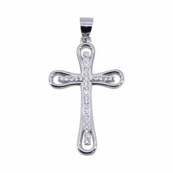 Rhodium plated sterling Silver cross with Clear cubic zirconia stones.

