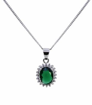 Rhodium plated sterling Silver oval pendant with Clear and Emerald cubic zirconia stones.
