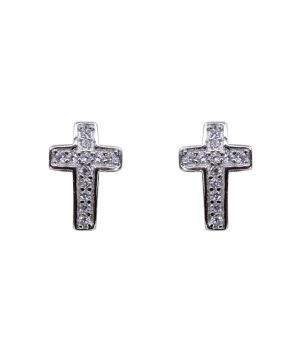 Rhodium plated sterling Silver cross design stud earrings with Clear cubic zirconia stones.
