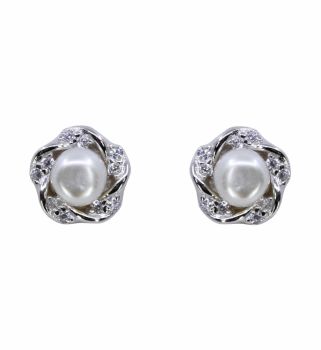 Rhodium plated sterling Silver flower design stud earrings with Clear cubic zirconia stones and fresh water pearls.
