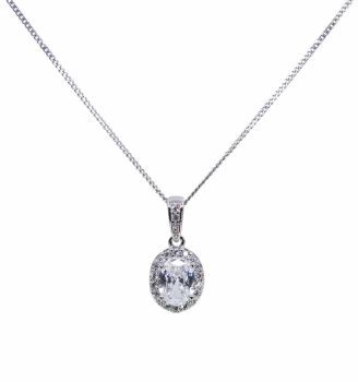 Rhodium plated sterling Silver oval pendant with Clear cubic zirconia stones.
