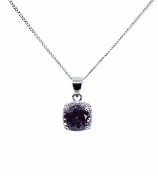 Rhodium plated sterling Silver pendant with Clear and Amethyst cubic zirconia stones.
