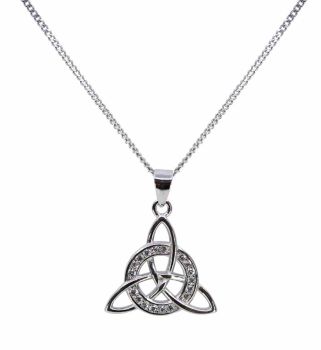 Rhodium plated sterling Silver Celtic design pendant with Clear cubic zirconia stones.