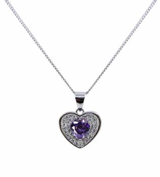 Rhodium plated sterling Silver heart pendant with Clear and Amethyst cubic zirconia stones.
