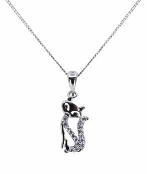 Rhodium plated sterling Silver cat design pendant with Clear cubic zirconia stones.