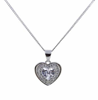 Rhodium plated sterling Silver heart pendant with Clear cubic zirconia stones.
