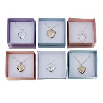 Valentines day gift, Gold and Rhodium colour plated heart shaped lockets in 3 assorted designs.
