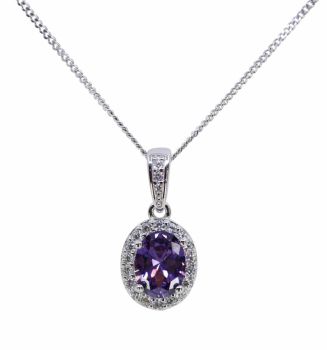 Rhodium plated sterling Silver oval pendant with Clear and Amethyst cubic zirconia stones.