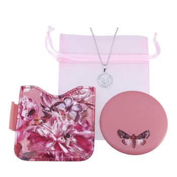 Mother`s day gift set includes, a Rhodium or Gold colour plated butterfly pendant with genuine Clear crystal stones, a butterfly print compact mirror with a leatherette butterfly print protective sleeve and a Pink organza bag.
