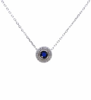 Rhodium plated sterling Silver necklace with Clear and Sapphire cubic zirconia stones.
