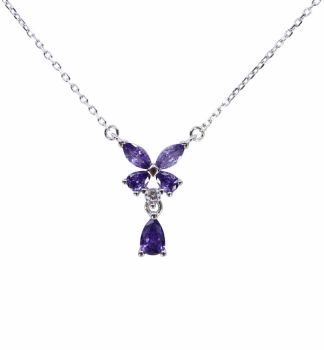 Rhodium plated sterling Silver butterfly design necklace with Clear and Amethyst cubic zirconia stones.