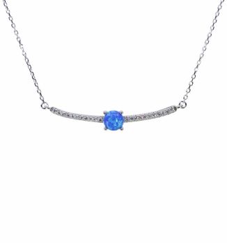 Rhodium plated sterling Silver necklace with Clear cubic zirconia stones and Blue synthetic opal stones.