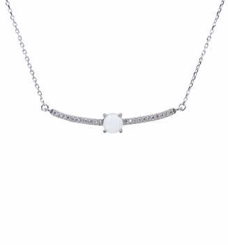 Rhodium plated sterling Silver necklace with Clear cubic zirconia stones and White synthetic opal stones.
