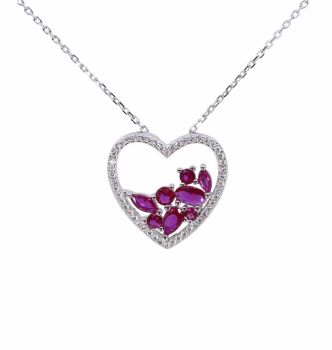 Rhodium plated sterling Silver heart design necklace with Clear and Fuchsia cubic zirconia stones.