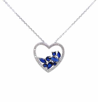 Rhodium plated sterling Silver heart design necklace with Clear and Sapphire cubic zirconia stones.
