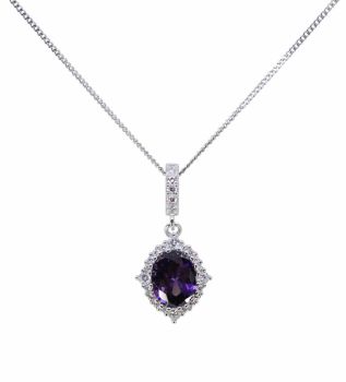 Rhodium plated sterling Silver pendant with Clear and Amethyst cubic zirconia stones.