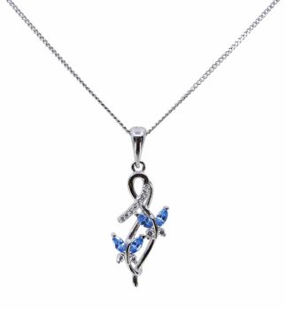 Rhodium plated sterling Silver butterfly design pendant with Clear and Aqua cubic zirconia stones.