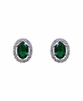 Rhodium plated sterling silver oval stud earrings with Clear and Emerald cubic zirconia stones.
