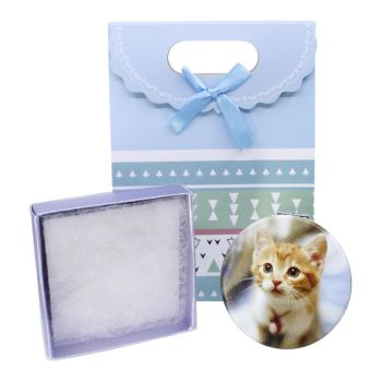 Mother`s Day gift set includes a leatherette kitten print compact mirror, Lilac pearlised card and acetate gift box and a gift bag.