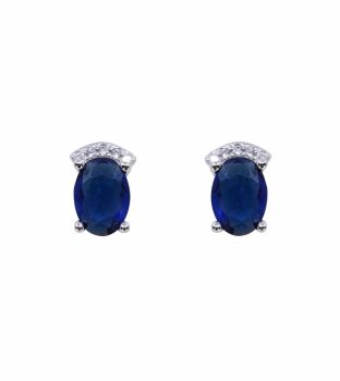 Rhodium plated sterling silver stud earrings with Clear and Sapphire cubic zirconia stones.