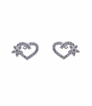 Rhodium plated sterling silver heart and flower design stud earrings with Clear cubic zirconia stones.
