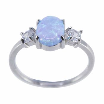 Rhodium plated sterling Silver ring with Clear cubic zirconia stones and a synthetic Blue opal stone.