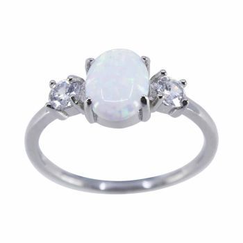 Rhodium plated sterling Silver ring with Clear cubic zirconia stones and synthetic White Opal.