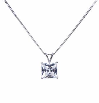 Rhodium plated sterling Silver square pendant with a Clear cubic zirconia stone.
