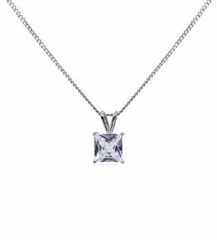 Rhodium plated sterling Silver square pendant with a Clear cubic zirconia stone.
