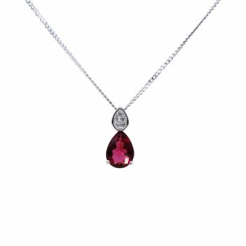 Rhodium plated sterling Silver pendant with Clear and Garnet cubic zirconia stones.

