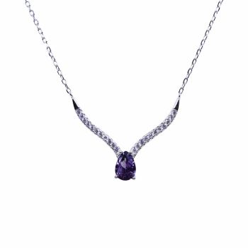 Rhodium plated sterling Silver necklace with Clear and Amethyst cubic zirconia stones.