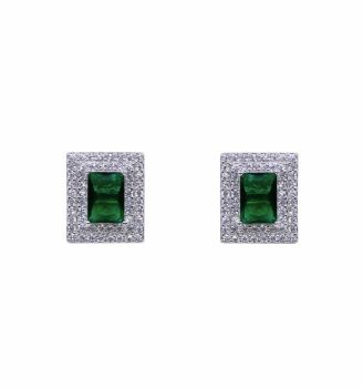 Rhodium plated sterling Silver stud earrings with Clear and Emerald cubic zirconia stones.
