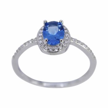 Rhodium plated sterling ring with Clear and Light Sapphire cubic zirconia stones.