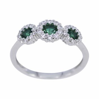 Rhodium plated sterling Silver ring with Clear and Emerald cubic zirconia stones.