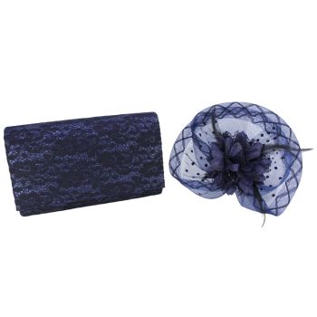 Ladies occasion set includes all matching, a mesh flower fascinator decorated with fabric and lace petals, feathers and imitation pearls, and a lurex and lace floral evening bag.
