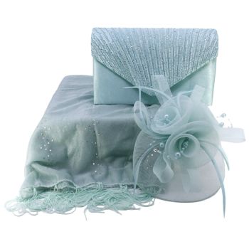 Ladies occasion set includes all matching, sequin and tassel scarf, a mesh fascinator decorated with feathers and imitation pearls, and a satin pleated evening bag with genuine AB crystal stones.
