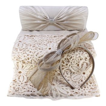 Ladies occasion set includes all matching, floral lace and cotton feel scarf with imitation pearl beads, a satin covered satin alice band fascinator decorated with sinamay loops, feathers and genuine Clear crystal stones and a satin pleated evening bag wi