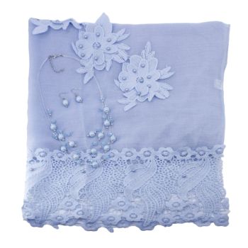 Ladies occasion set includes a baby Blue evening scarf decorated with lace and imitation pearls, Multi layered necklace and pierced drop earrings set decorated with imitation pearl beads and faceted glass beads.
