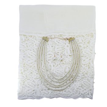 Ladies occasion set includes Cream evening scarf decorated with lace and imitation pearls, and matching Glass pearl necklace and pierced drop earrings set.
