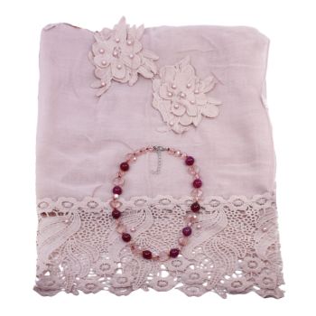 Ladies occasion set includes a Pink evening scarf decorated with lace and imitation pearls, a matching faceted glass bead necklace

