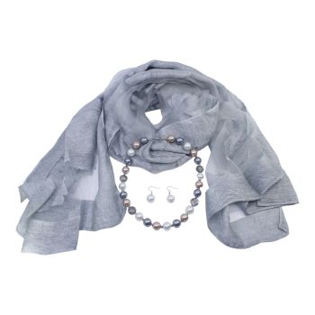 Ladies occasion set includes Grey floral & Bird design evening shawl, and matching Glass pearl and faceted glass bead necklace and pierced drop earrings set.
