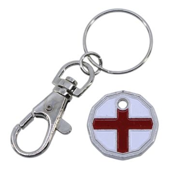 Rhodium colour plated England Flag design trolley coin keyrings with Red and White enamelling.
