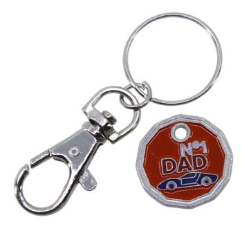 Rhodium colour No1 Dad design trolley coin keyrings with Orange, Red and Blue enamelling.
