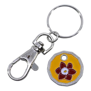 Rhodium colour plated flower design trolley coin keyrings with Yellow, Red and White enamelling.
