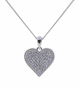 Rhodium plated sterling love heart design pendant with Clear cubic zirconia stones.
