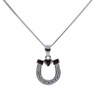Rhodium plated sterling Silver lucky horse shoe and heart design pendant with Clear cubic zirconia stones.
