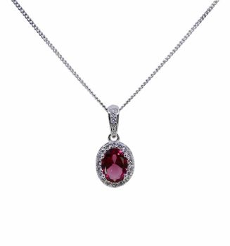 Rhodium plated sterling oval pendant with Clear and Rhodolite cubic zirconia stones.
