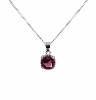 Rhodium plated sterling pendant with Clear and Rhodolite cubic zirconia stones.
